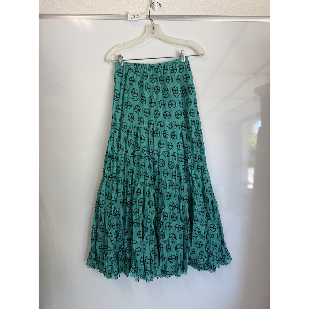 Raj Tiered Maxi Skirt Women's Aqua Blue Peace Sign Cotton Ruffle - One Size
